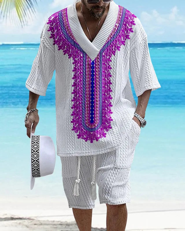 Men's printed drop shoulder knitted short sleeve top and matching shorts set