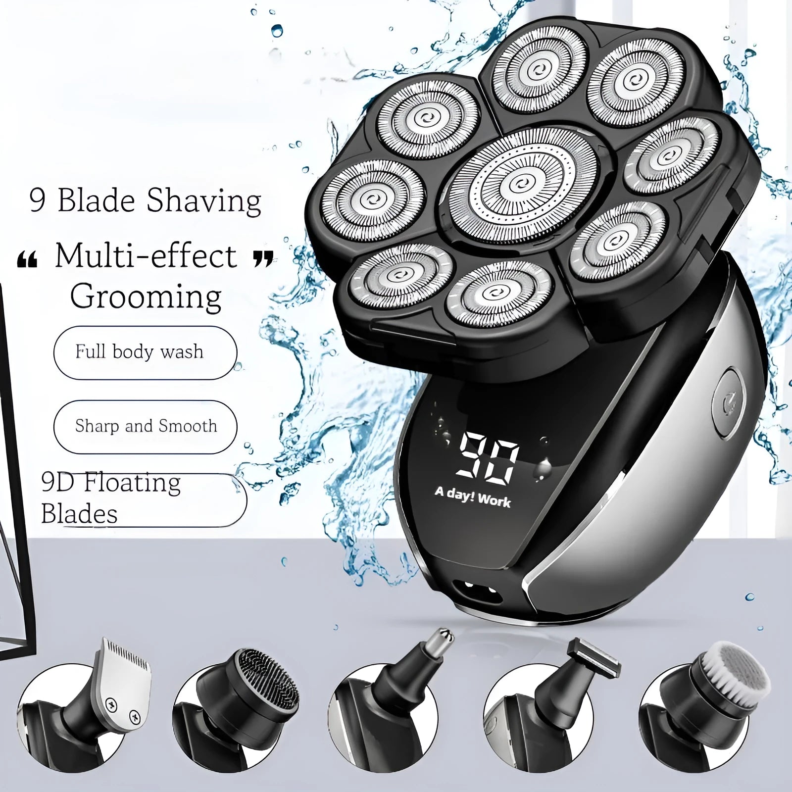 Black rechargeable 6-in-1 hair clippers shaver kit with LED display and multiple grooming attachments