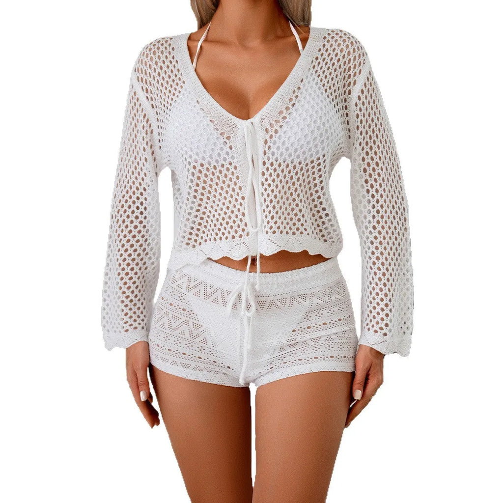 Women's apricot hollow woven cardigan blouse with bell sleeves, short length.