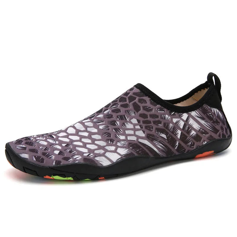 Lycra fabric beach wading shoes for swimming in blue, black, pink, purple, and camouflage colours