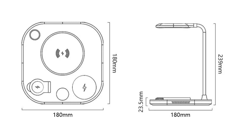 Black three-in-one wireless magnetic charger and desk lamp with 15W fast charging and Type-C cable.