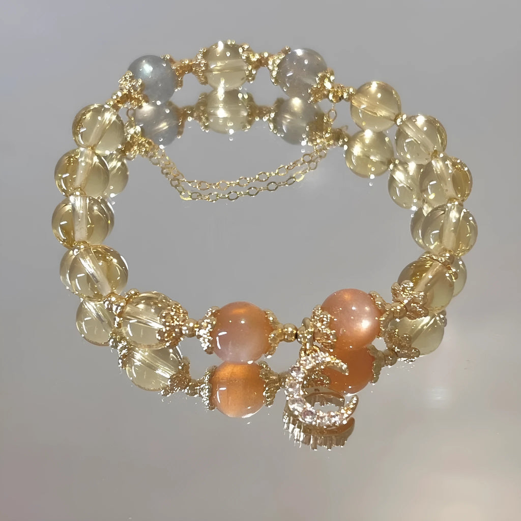 Citrine moonstone crystal bracelet with gold electroplated finish and diamond-shaped design
