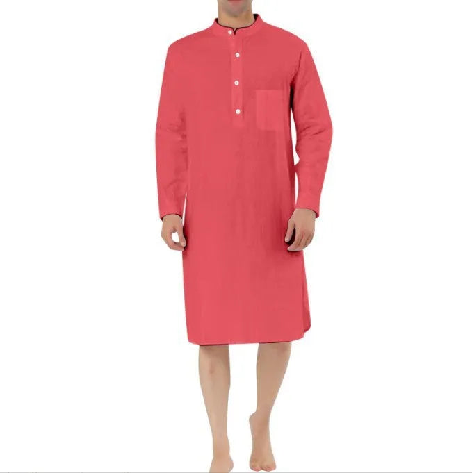 Men's simple pocket shirt robe in cotton fabric, shown in a selection of available colours.