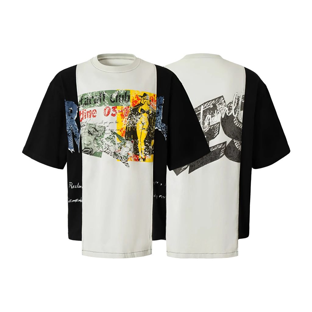 Broken collage deconstruction printed cotton blend t-shirt with black and white stitching design