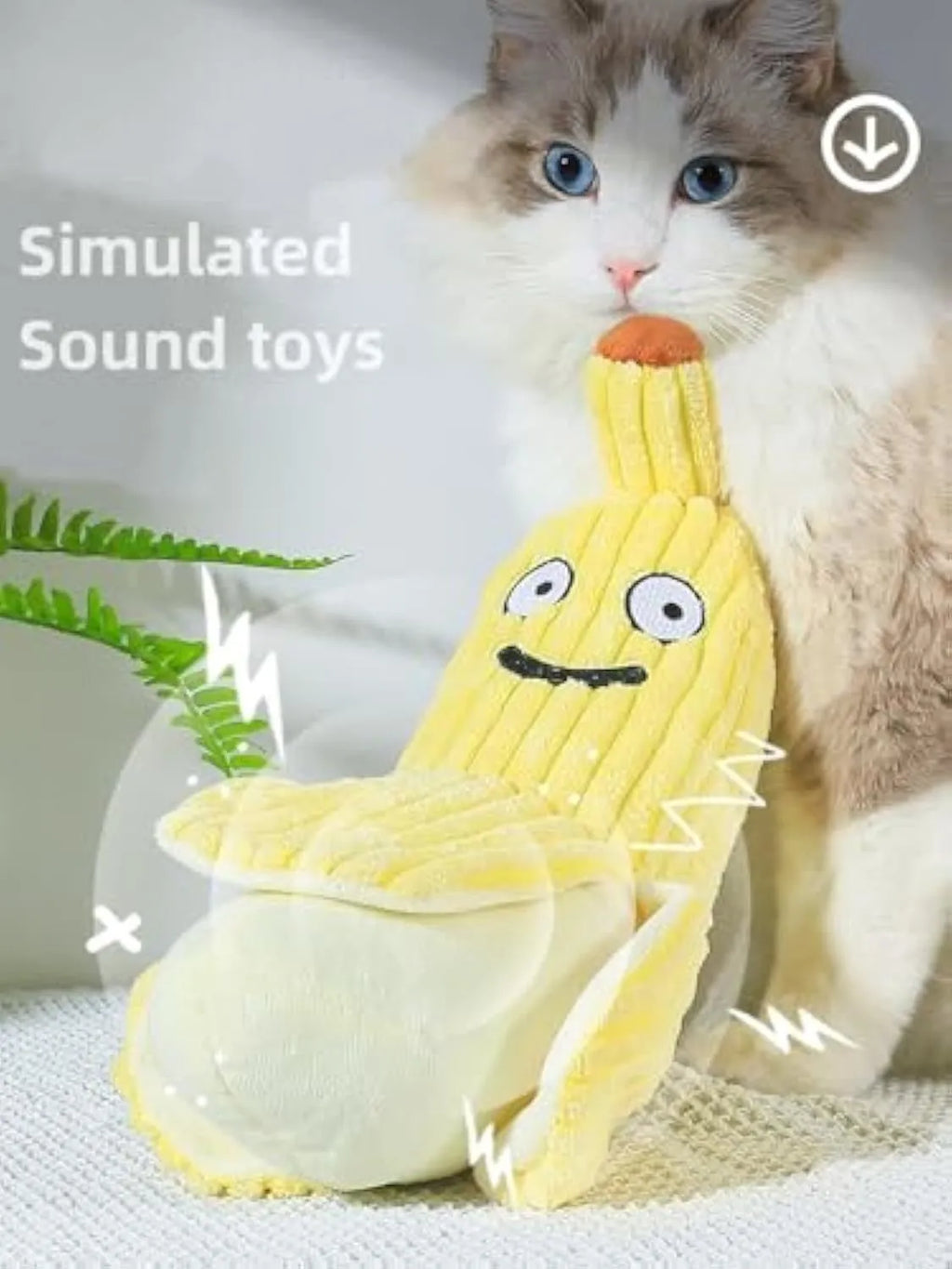 Yellow banana-shaped cat toy with plush fabric and crinkle paper inside.