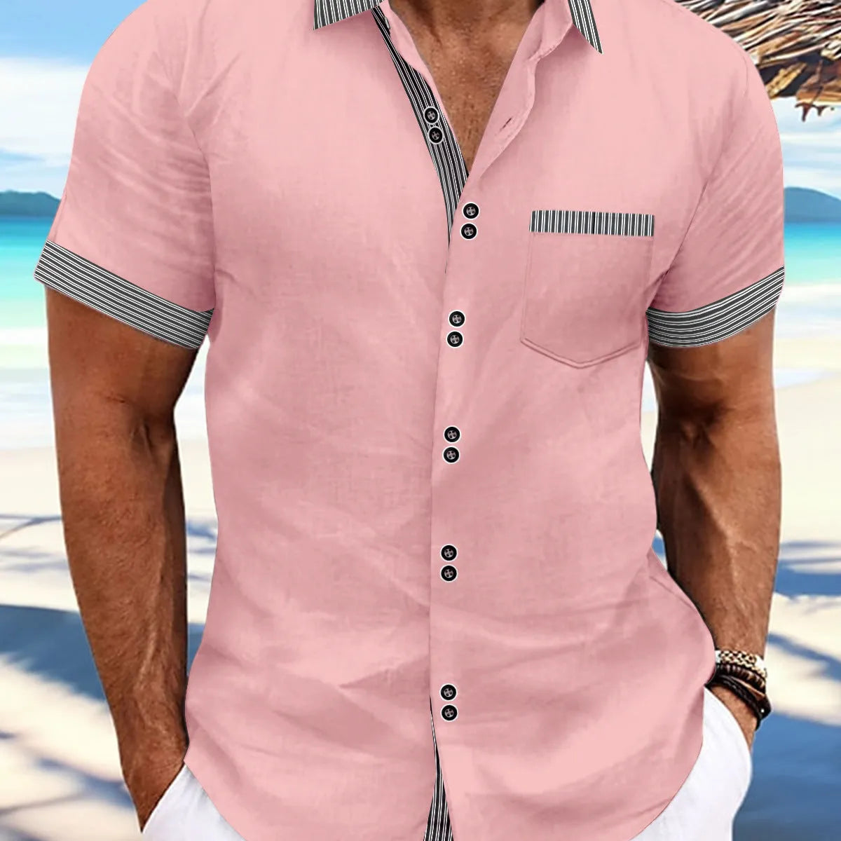 Striped double button short sleeve casual shirt in pure cotton with slim fit design