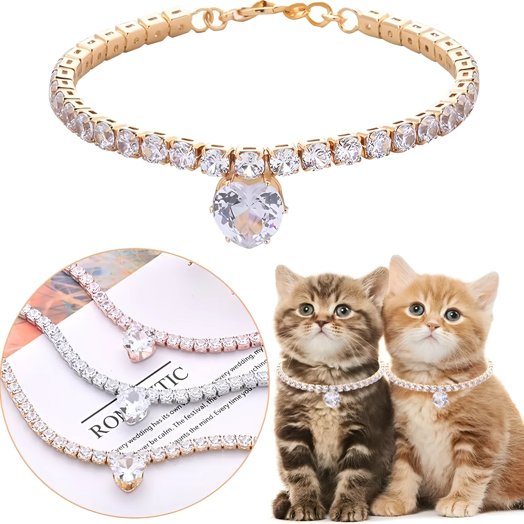 Gold metallic pet collar with a heart-shaped rhinestone design and an extension chain.