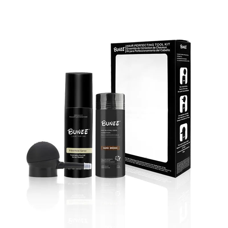 Dense hair fibre 275g three-piece kit including powder canister, special nozzle, and shaping spray bottle.