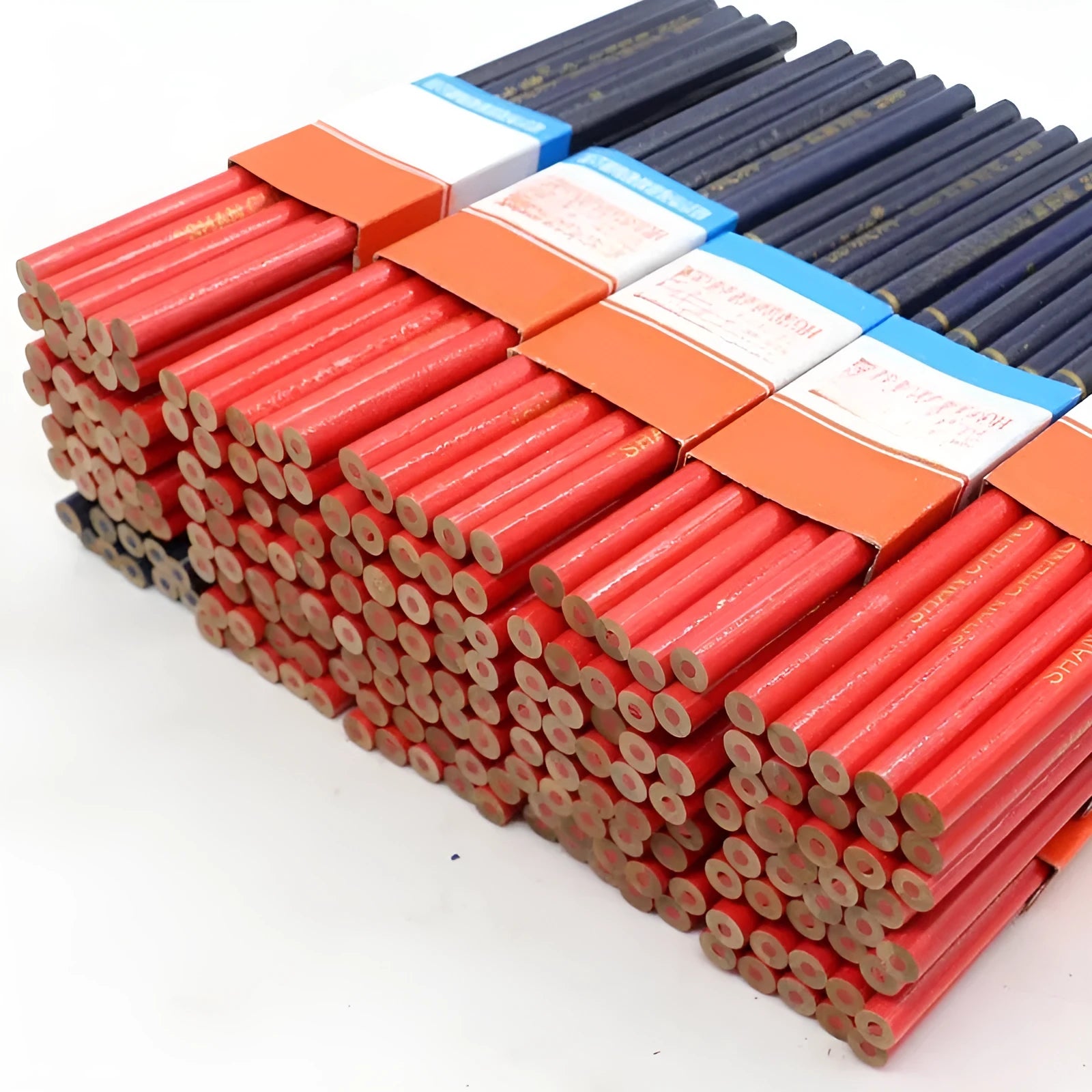 Red and blue two-colour carpenter's pencil with wooden casing, round hexagonal profile, 10-piece pack