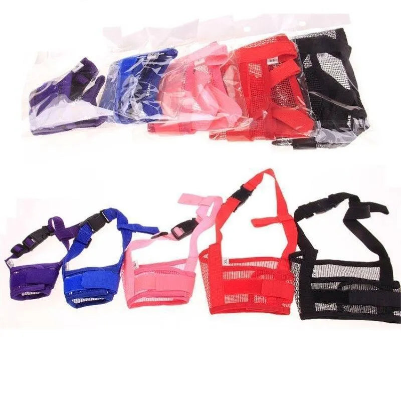 Plastic dog safety muzzle in five colours with adjustable sizing for mouth circles 12-34cm