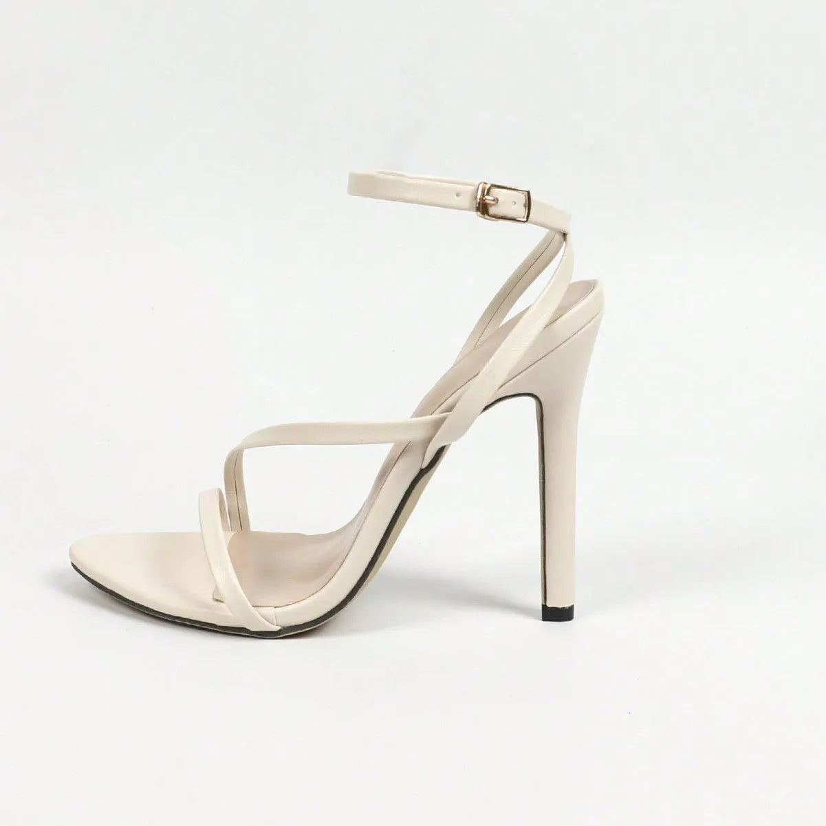 Women's gold high heels with round toe open toe design and cross ankle strap
