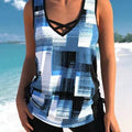 Women's printed two-piece swimsuit set featuring a top and split boxer shorts.