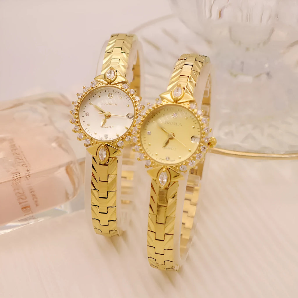 Women's vintage quartz watch with gold face and diamond embossed bracelet, slim 6mm design on a neutral background