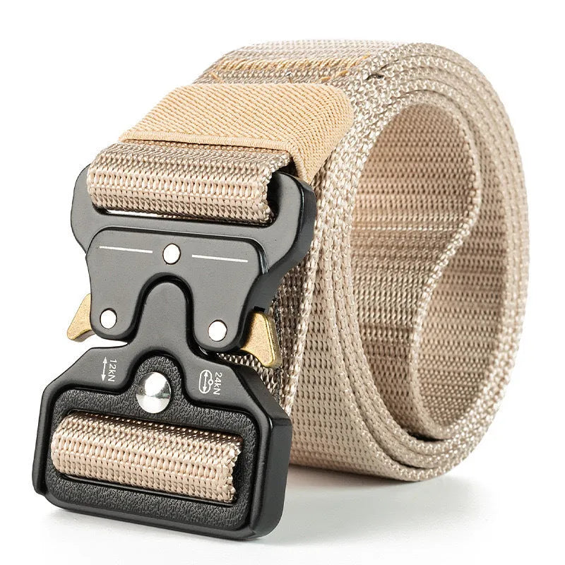 Men's tactical canvas belt with alloy release buckle in five colour options showing 120cm length