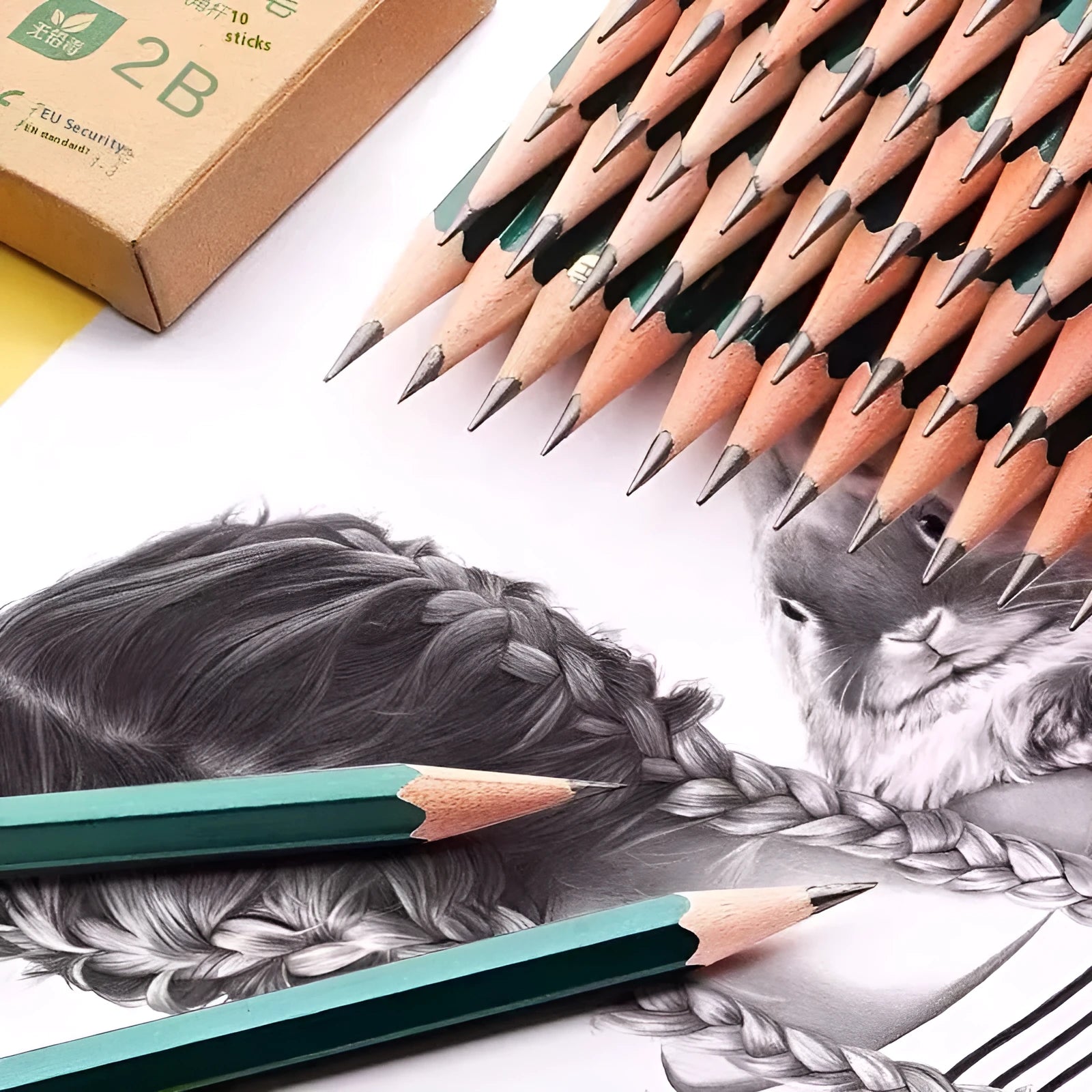 Green Rod six-angle wooden pencils in a box, includes 2B and HB graphite grades
