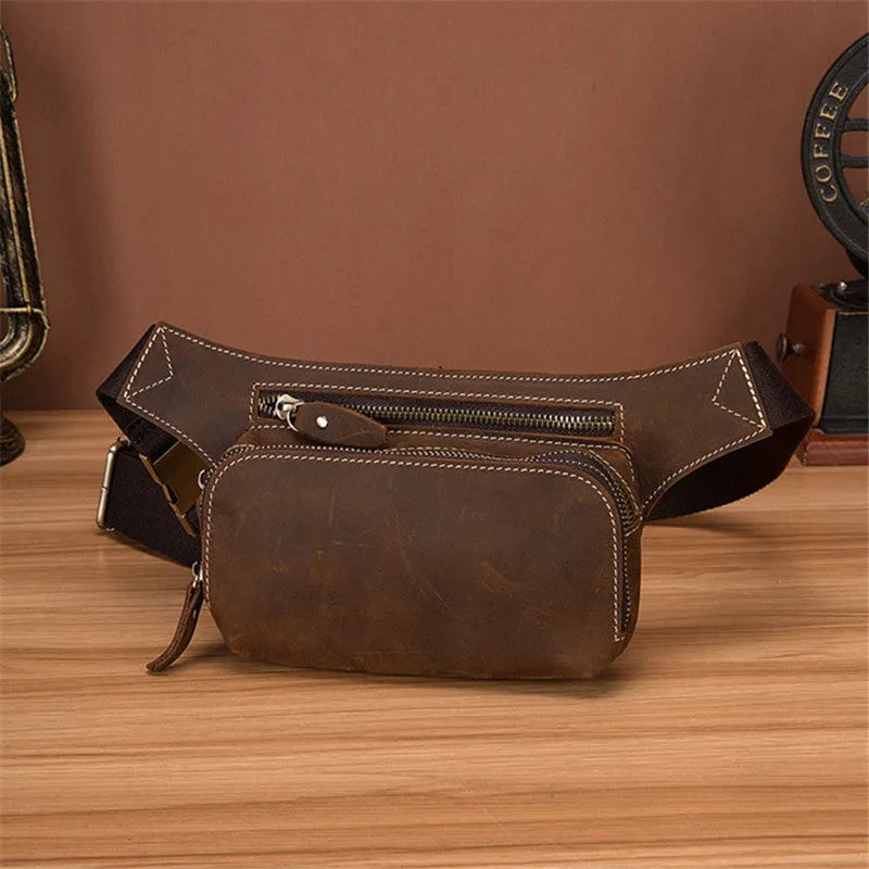 Brown cowhide sports waist bag with phone compartment and laptop space