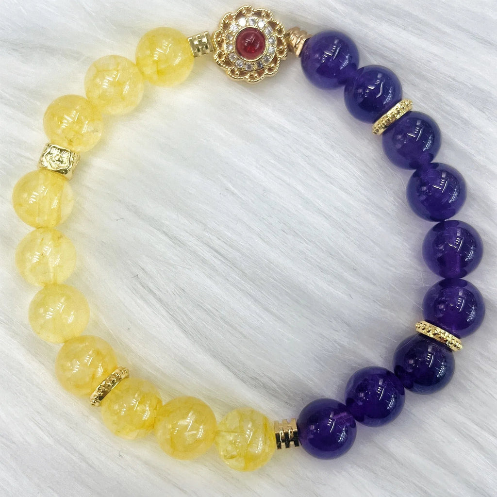 Handmade yellow and purple crystal bracelet with amethyst accents for women, adjustable 18-20cm length
