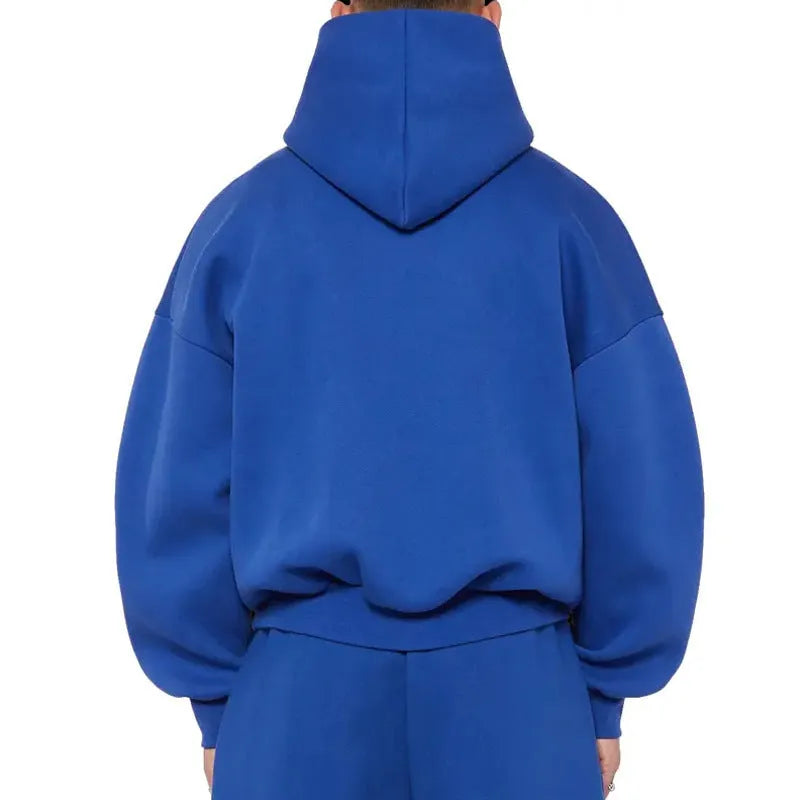 A man's grey fleece-lined cotton hoodie with a pullover design and threaded long sleeves.