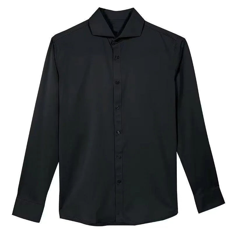 Black men's long sleeve cardigan shirt in slim Korean cut with Japanese retro style details on a model.
