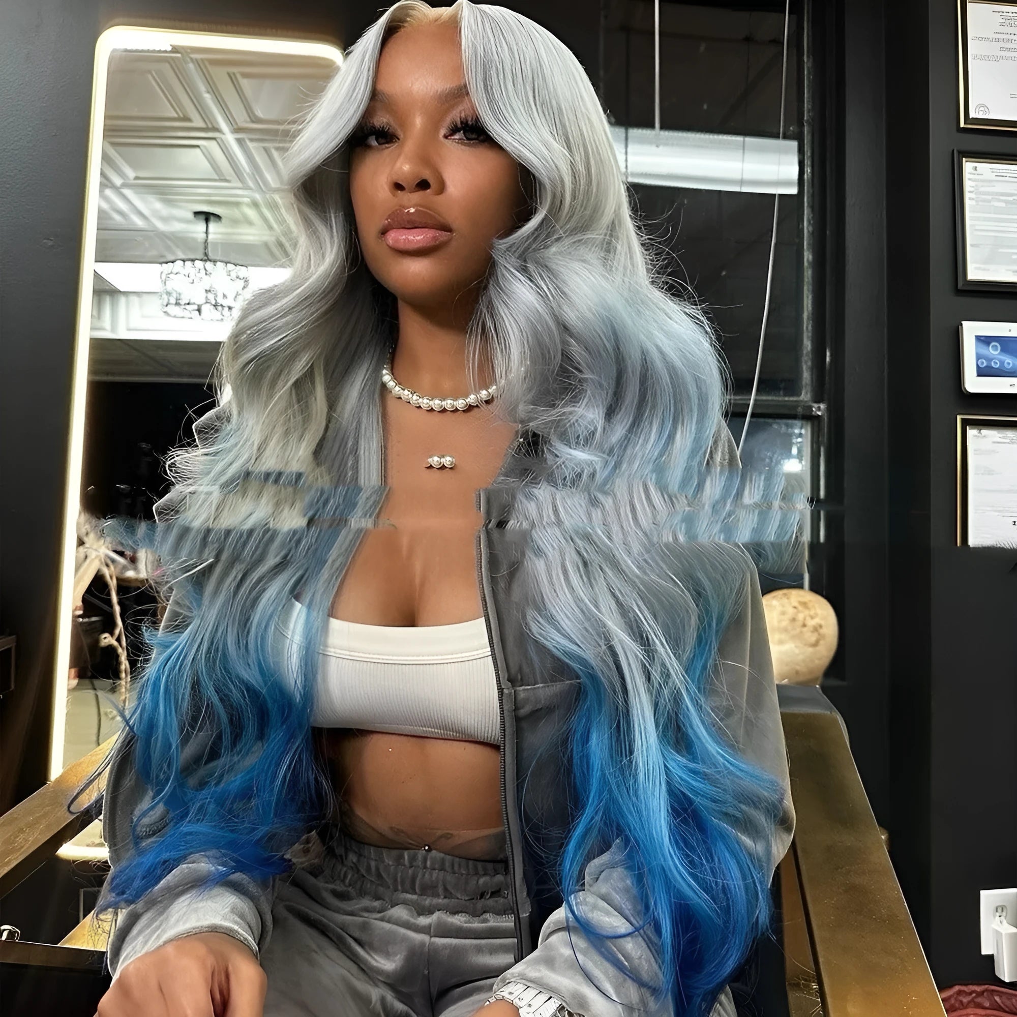 Gradient grey blue human hair lace front wig with 4x4 silk base showing length options