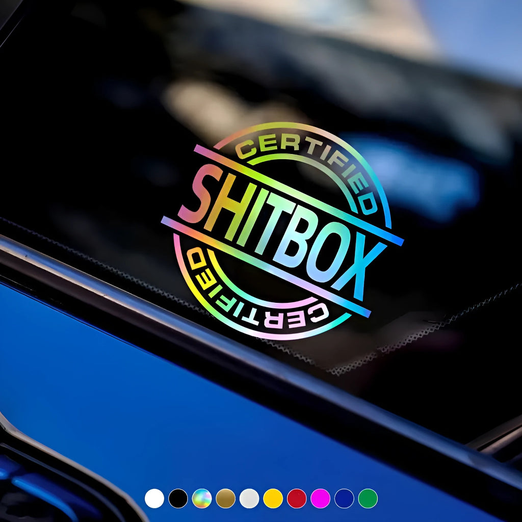 13 by 12 cm vinyl car body sticker shown in multiple colour options on a vehicle panel