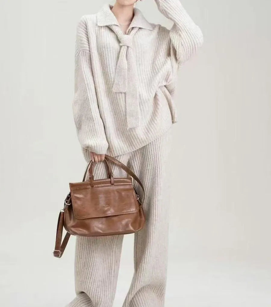 Women's acrylic fibre imitation cashmere knitting top and trousers two-piece set in four colour options