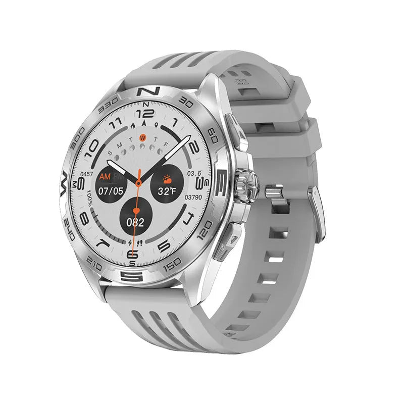 Black smart watch with touch screen displaying health metrics and WhatsApp messages on wrist.