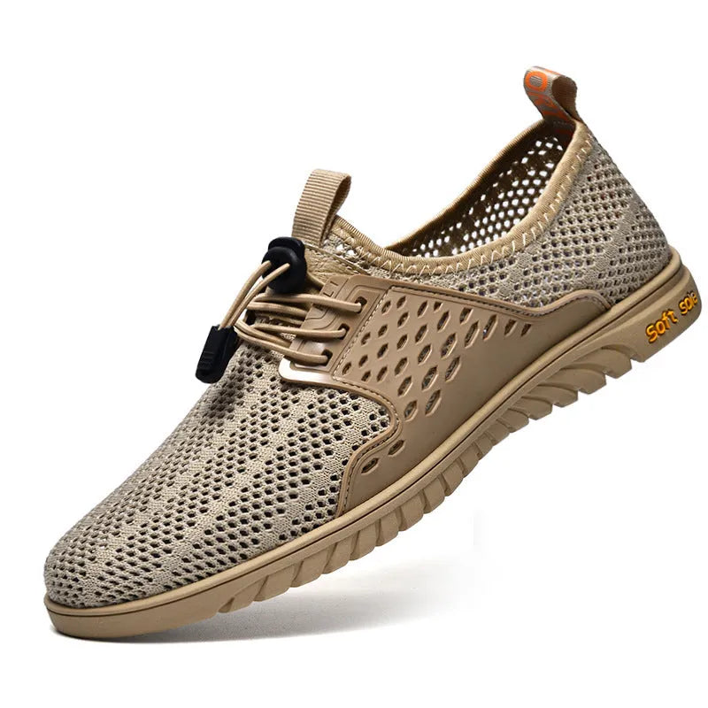 Men's breathable mesh casual shoe in sand colour with elastic band and rubber sole.