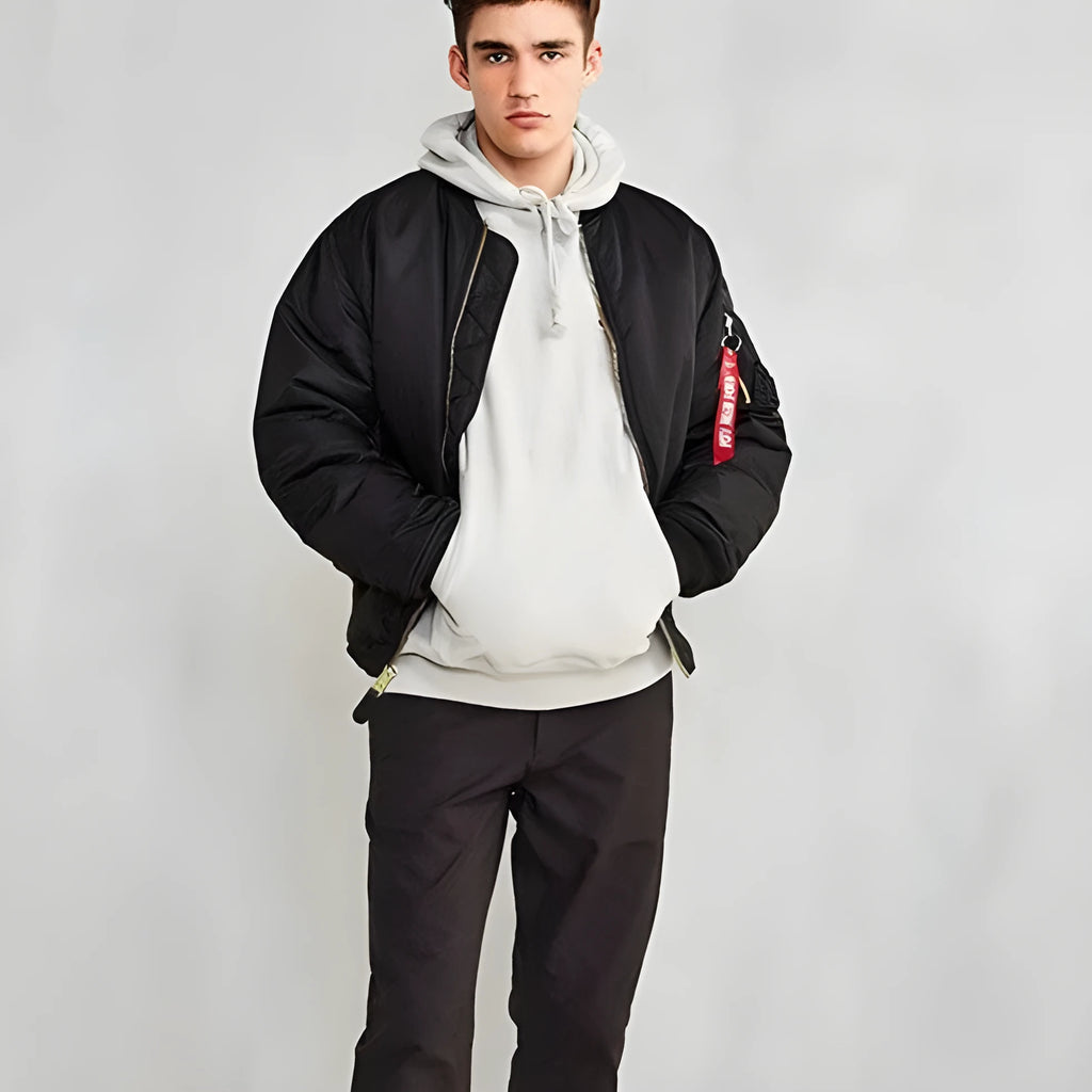 Men's loose-fit cotton-padded pilot jacket in army green, made from double-sided nylon fabric.