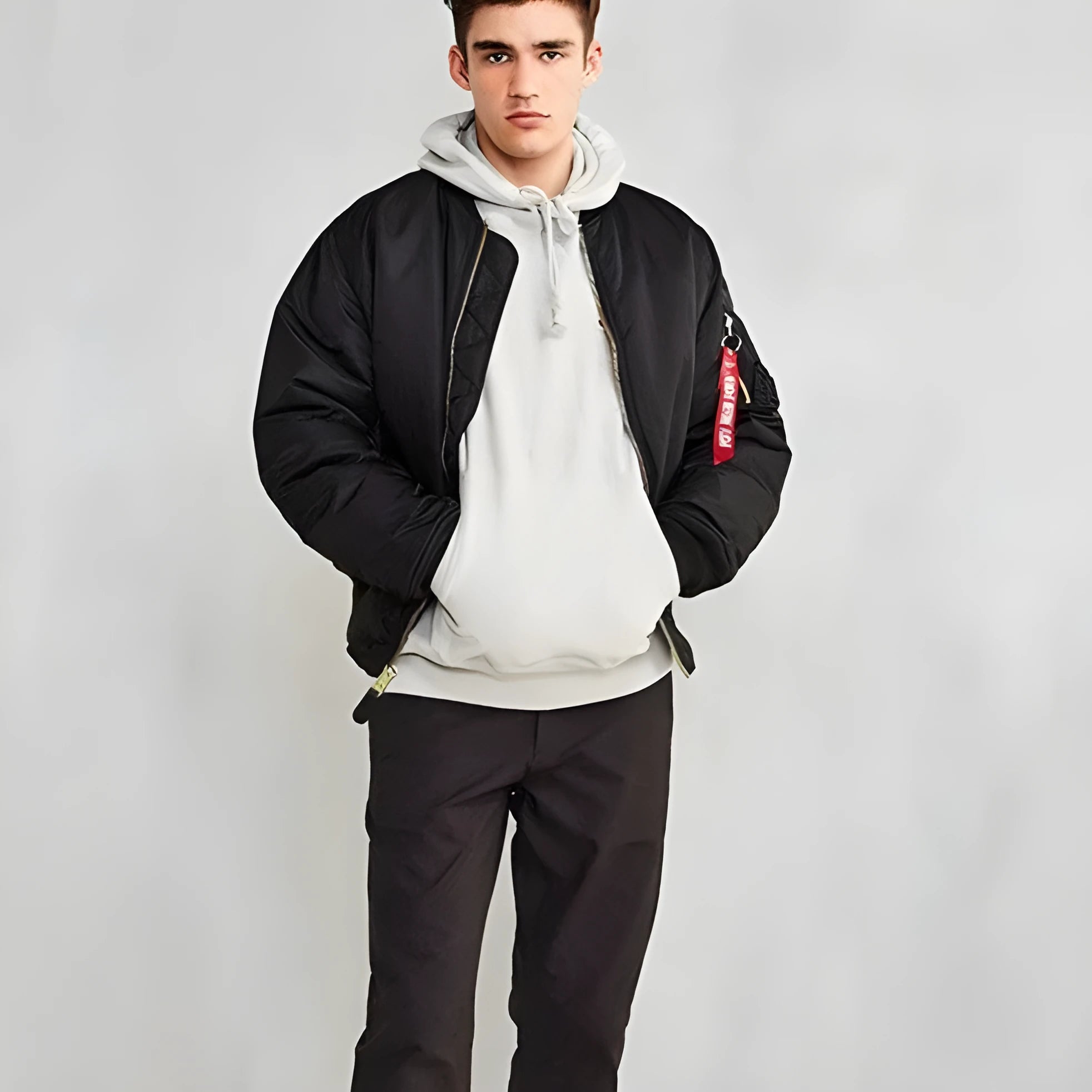 Men's loose-fit cotton-padded pilot jacket in army green, made from double-sided nylon fabric.