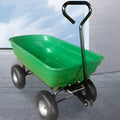 Green four-wheel steel and plastic dumptruck with a large hauling bed.