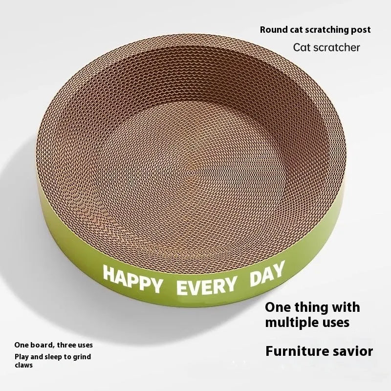 Green round corrugated cardboard cat scratching board nest for scratching and sleeping.
