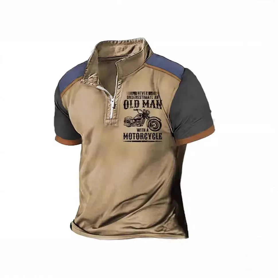 Men's casual polo shirt with lapel collar, digital letter printing, and zip decoration detail in short sleeve design