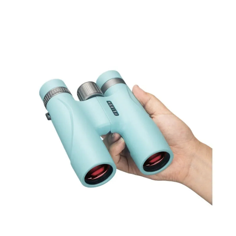 Blue and grey compact 10x32 binoculars with wine red film lenses on a plain background.