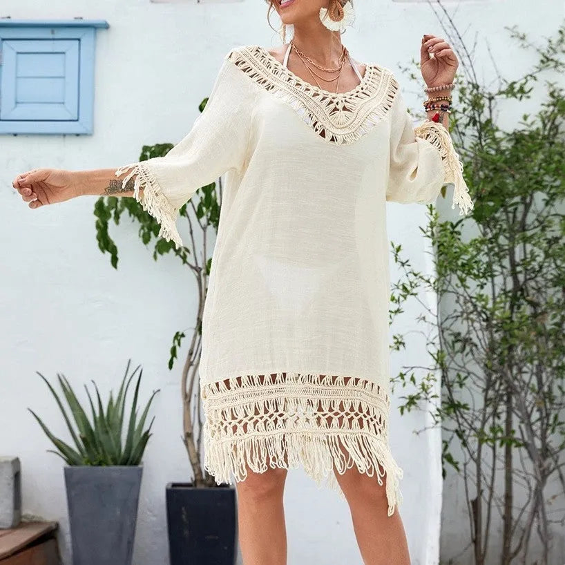 Apricot crocheted patchwork beach dress with half sleeves and mid-length skirt