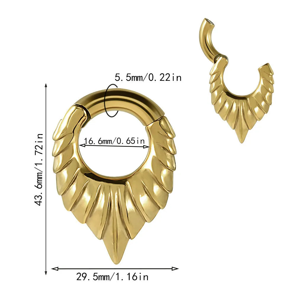 Stainless steel drop-shaped ear extender with totem design on a white background.