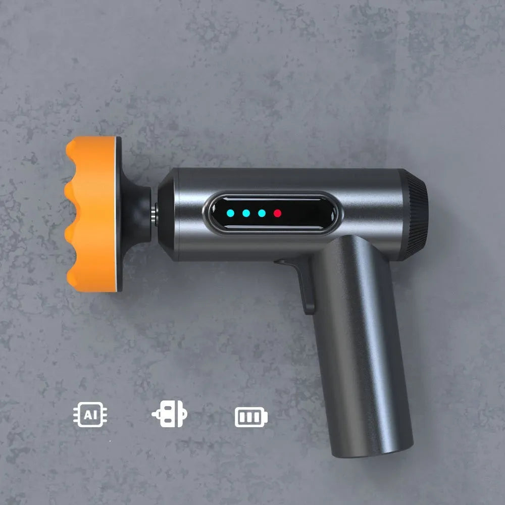 Wireless lithium battery waxing and polishing machine with orange ABS housing and a white polishing disc.