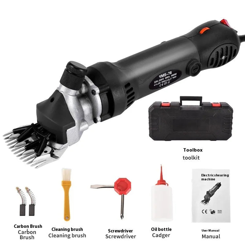 Yellow 110V electric wool shears with 13-tooth straight blade and maintenance accessories including multiple blade pairs