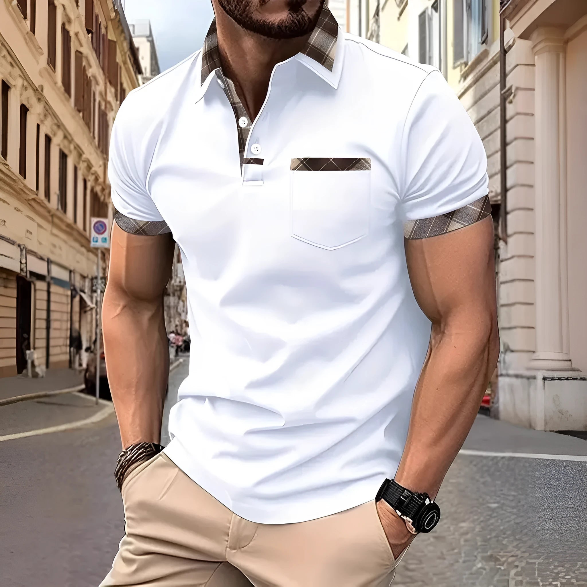 Men's plaid colourblock t-shirt in loose fit with short sleeves and decorative zipper details