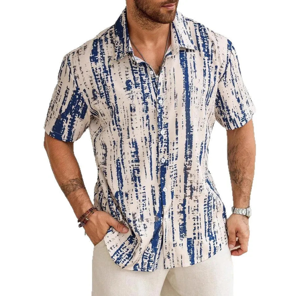 Men's short sleeve shirt with 3D printed stripe pattern in anti-wrinkle polyester fabric