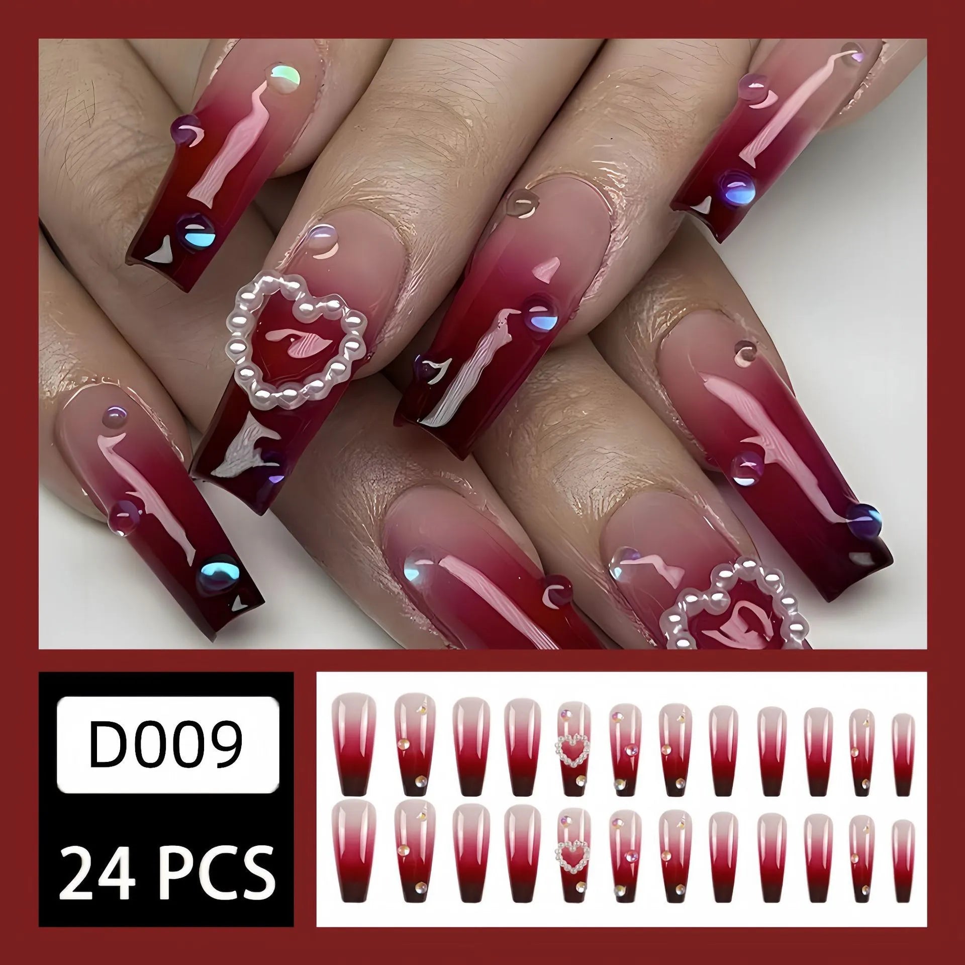 Set of long wine red gradient fake nail tips with pearl and heart design on a plaid pattern, shown with jelly glue and rubbing clause.