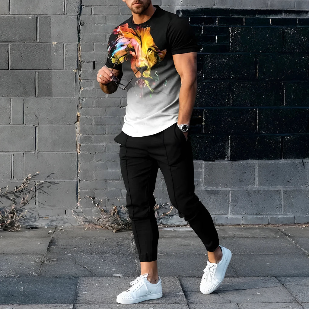 Men's short sleeve printed T-shirt and matching trousers sport suit set on a hanger.