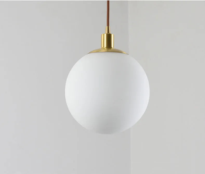 Milk white spherical glass ceiling lamp with copper fitting on ceiling, Nordic style, 15-30cm diameter options