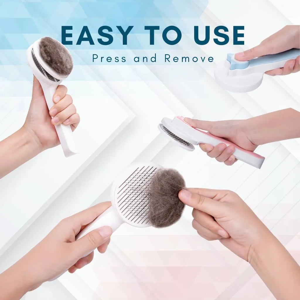 Blue self-cleaning pet grooming slicker brush with ergonomic rubber handle on a table