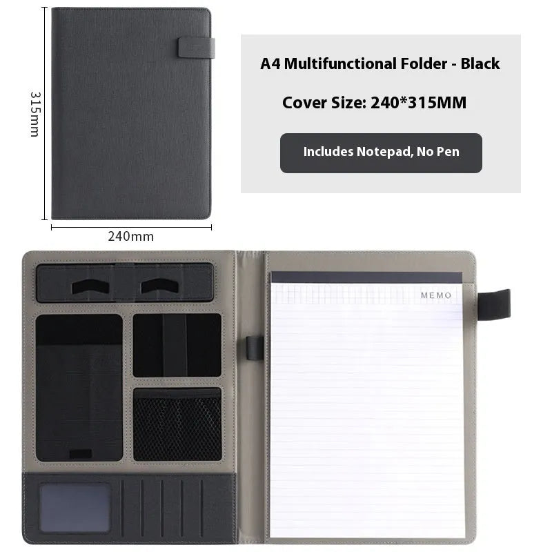 Black leather A4 multifunction folder holding documents and a pen, showing its professional design.
