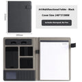 Black leather A4 multifunction folder holding documents and a pen, showing its professional design.