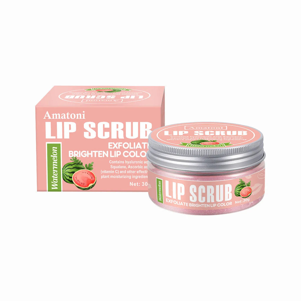Amatoni fruit flavour lip scrub cream jar in 30g size, showing flavour options.