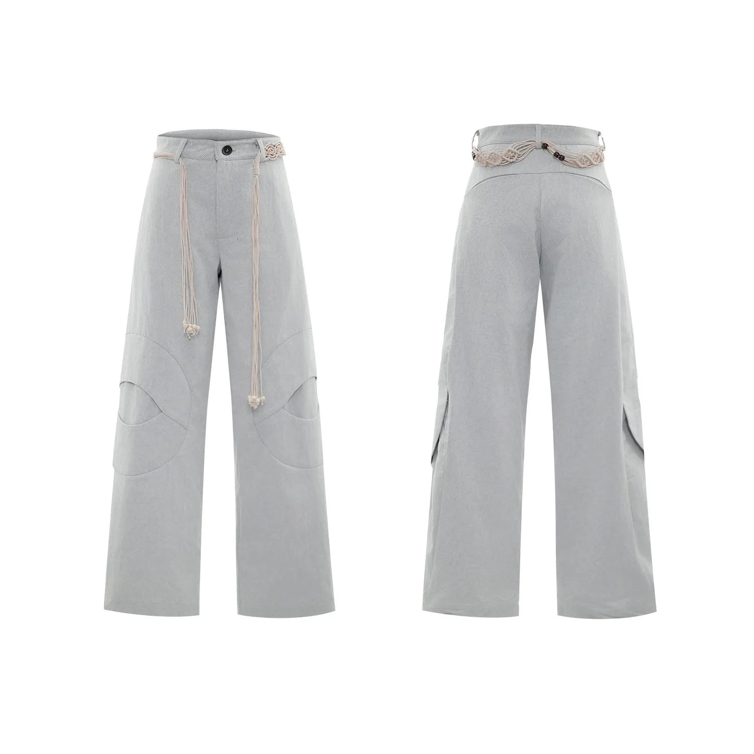 Men's dark blue cotton straight-leg jeans with loose fit, showing heavy 3D cutting, belt stitching, and decorative zip details.