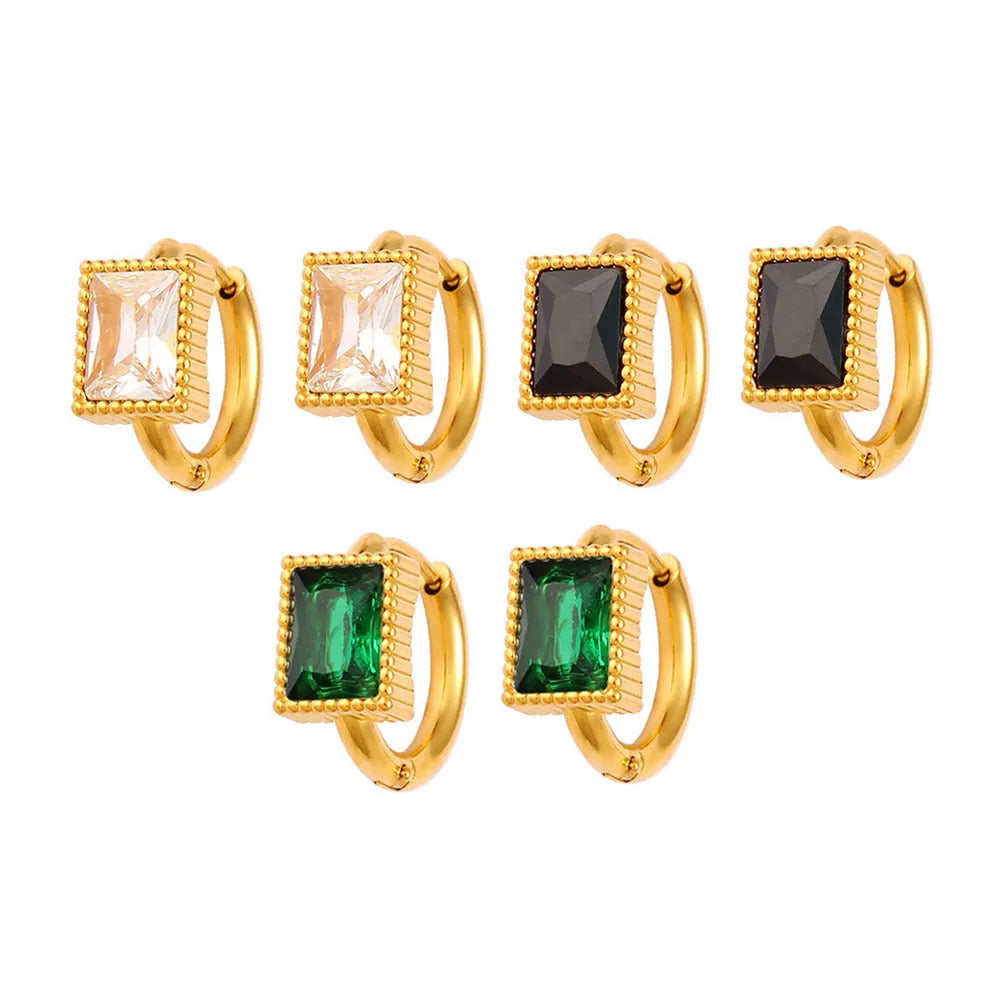 Women's stainless steel earrings with geometric square zircon design in white, black, and green colour options