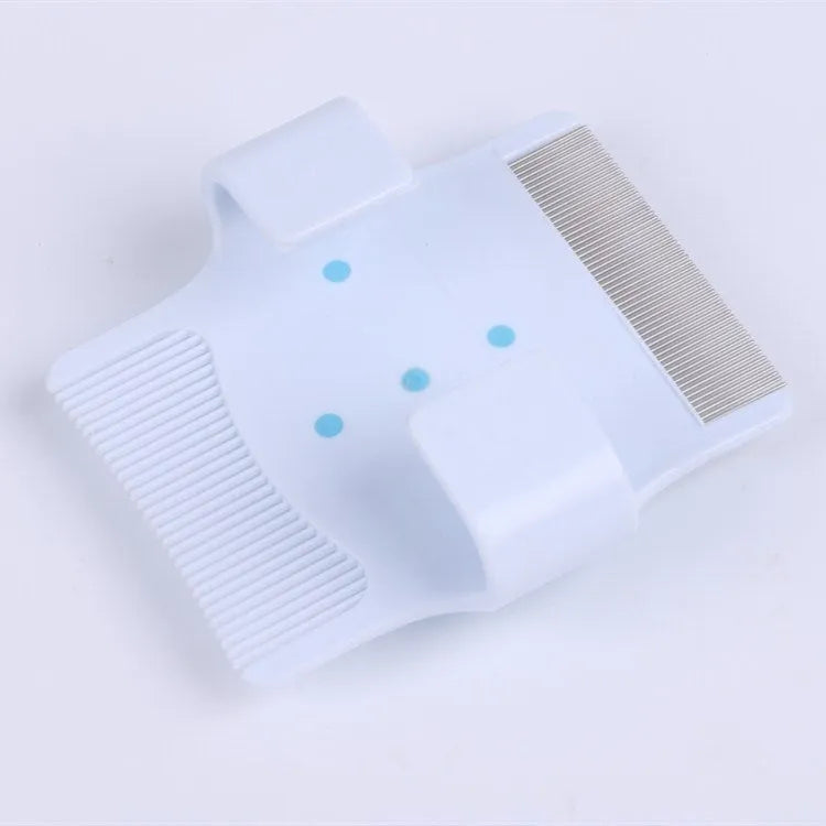 Blue or green multifunctional pet grooming comb for hair removal and massage, 8.5 cm long.